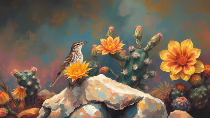 cactus wren bird on a rock colorful background arizona desert dark sky artwork painting cactus big flowers abstract cactus flower