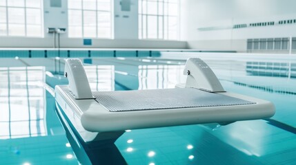 A swimming pool starting block with anti-slip surface, indoor setting with pool reflections, Dynamic style