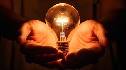 Hands holding a glowing light bulb