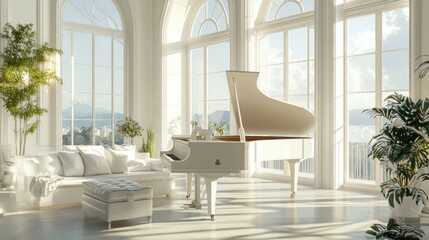 A bright, elegant room featuring a grand piano, plants, and a scenic view.