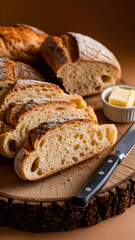 Freshly sliced bread on wooden board with butter, knife, and rustic warmth Vertical Mobile Wallpaper