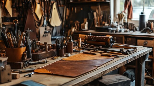 A well-organized leatherworking bench in a workshop, Leather pieces, tools