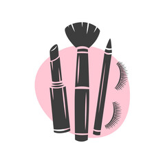 Beauty salon logo. Makeup tools, cosmetic brushes, lipstick, eyelash extension, brows. Vector illustration