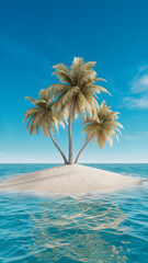 Sandy islet with trio of palm trees, surrounded by clear waters under bright sky Vertical Mobile Wallpaper