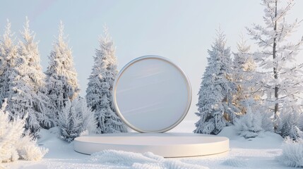 Elegant 3D Cosmetic Display on Snowy Circular Podium with Copy Space | Winter Scene Studio Prop for Advertising and Design Projects