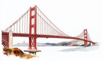 Obraz premium Artistic watercolor representation of the Golden Gate Bridge in San Francisco, available as a PNG with a clear background.