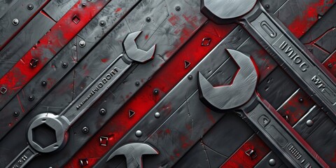 Fototapeta premium Abstract background with wrenches, nuts, and bolts and abstract geometric patterns in gray and red tones, minimalistic design, modern and industrial.
