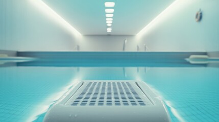Obraz premium A swimming pool starting block with focus on the non-slip surface, indoor setting with soft overhead lighting, Minimalist style