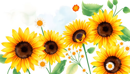 Obraz premium Watercolor painting summer pattern with sunflowers and camomile flowers on a white background isolated with white highlights, png