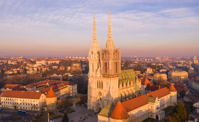 Zagreb Old Town And Cathedral in Background. Sightseeing Place in Croatia. Beautiful Sunset Light.