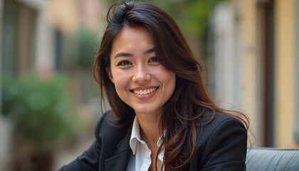 Obraz premium Smiling young Asian woman in a formal outfit sitting outdoors with a cheerful expression