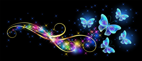 Flying delightful blue butterfly with sparkle and blazing trail flying in night sky among shiny glowing stars and golden small butterflies in cosmic space.