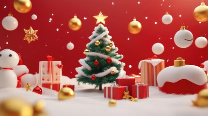 Christmas tree and gifts flat design front view North Pole theme 3D render 