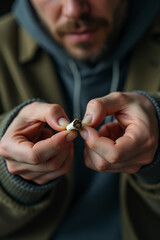 man cuts cigarette half broken hands