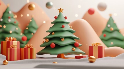 Christmas tree and gifts flat design front view North Pole theme 3D render 