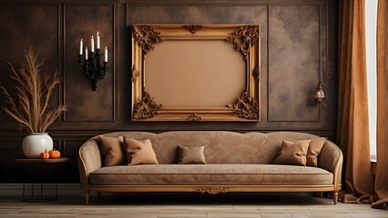 Modern minimalist brown wall art mockup of luxury living room with sofa for Halloween, blank frame for wall art mockup of living room, Halloween and Christmas spooky scary vibes of the room interior