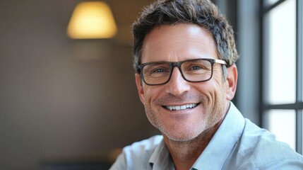 Happy middle aged professional business man, smiling mature executive ceo manager, 45 years old male entrepreneur, confident business owner wearing glasses in office. Headshot portrait 