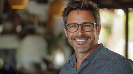 Obraz premium Happy middle aged professional business man, smiling mature executive ceo manager, 45 years old male entrepreneur, confident business owner wearing glasses in office. Headshot portrait 