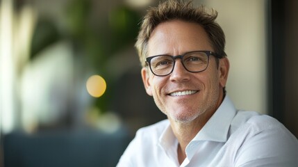 Happy middle aged professional business man, smiling mature executive ceo manager, 45 years old male entrepreneur, confident business owner wearing glasses in office. Headshot portrait 