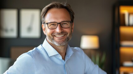 Obraz premium Happy middle aged professional business man, smiling mature executive ceo manager, 45 years old male entrepreneur, confident business owner wearing glasses in office. Headshot portrait 
