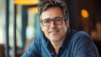 Happy middle aged professional business man, smiling mature executive ceo manager, 45 years old male entrepreneur, confident business owner wearing glasses in office. Headshot portrait 