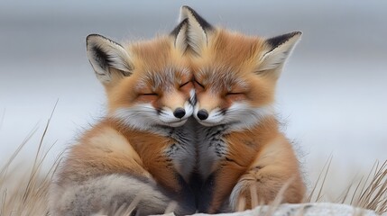 Two Red Fox Cubs Snuggling