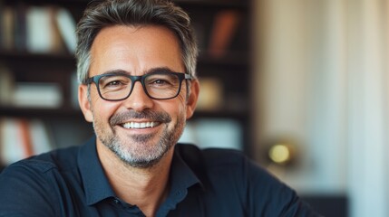 Happy middle aged professional business man, smiling mature executive ceo manager, 45 years old male entrepreneur, confident business owner wearing glasses in office. Headshot portrait 