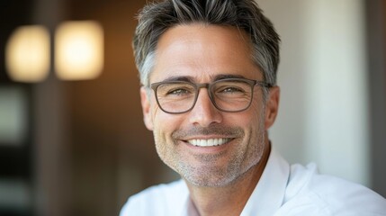 Happy middle aged professional business man, smiling mature executive ceo manager, 45 years old male entrepreneur, confident business owner wearing glasses in office. Headshot portrait 