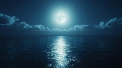 A full moon shines brightly over a calm ocean, reflecting light onto the water.