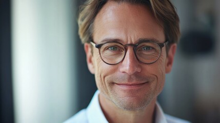 Happy middle aged professional business man, smiling mature executive ceo manager, 45 years old male entrepreneur, confident business owner wearing glasses in office. Headshot portrait 