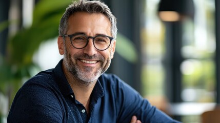 Happy middle aged professional business man, smiling mature executive ceo manager, 45 years old male entrepreneur, confident business owner wearing glasses in office. Headshot portrait 