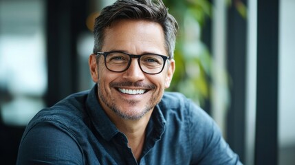 Happy middle aged professional business man, smiling mature executive ceo manager, 45 years old male entrepreneur, confident business owner wearing glasses in office. Headshot portrait 