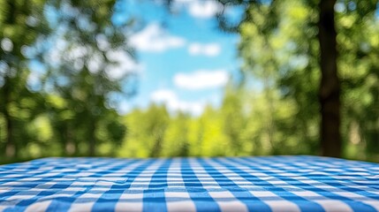Close-up of a Blue Picnic Table Cover Under Sunny Skies in the Park Generative AI