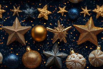 Christmas star patterns in sparkling gold and silver on dark blue background. Seamless elegant and festive design, perfect for holiday decorations, gift wrapping, and seasonal projects.
