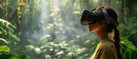 Woman wearing VR headset in a lush green jungle.