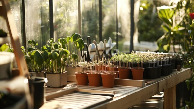 A well-organized plant propagation station in a sunlit greenhouse, Plant cuttings and propagation tools systematically arranged, Contemporary gardening style