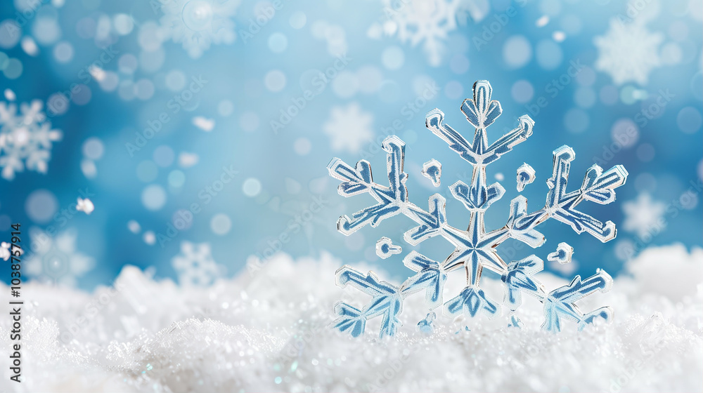 Poster snowflake on soft snow in winter landscape with bokeh background