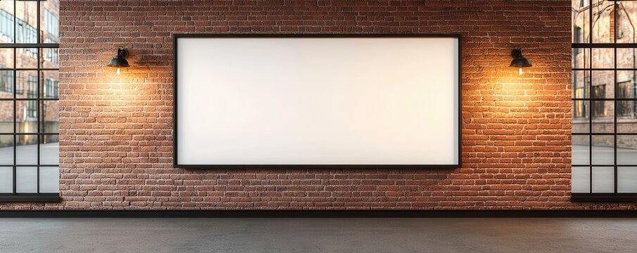 A modern interior featuring a blank, framed space on a brick wall, complemented by stylish lighting and large windows.