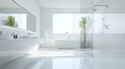 A bright, modern bathroom with a floating vanity, elegant fixtures, and a spacious shower.