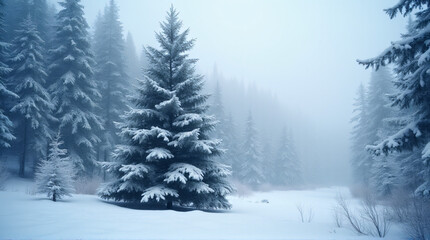 Fototapeta premium soft white snow covers large christmas tree coniferous forests pastel blue winter landscape illuminated generative ai technology