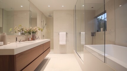 A bright, modern bathroom with a floating vanity, elegant fixtures, and a spacious shower.