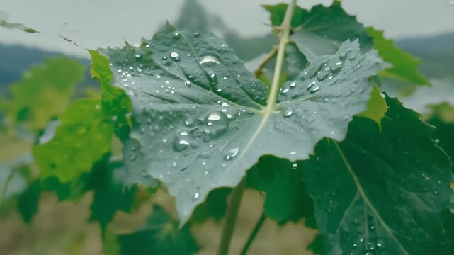 calming 4K closeup video t ng green grape leaves vineyard covered delicate water droplets rain beautifully capturing essence nature early