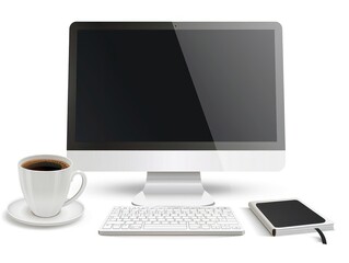 Fototapeta premium A simple work desk setup with a desktop computer, a notebook, and a cup of coffee isolated on white