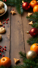 wooden table decorates christmas ornaments oranges biscuits surrounding festive holiday scene