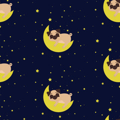 Pattern Sleeping pug puppy and moon.