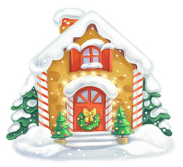 Cute cartoon Christmas gingerbread house with snow and feer tree