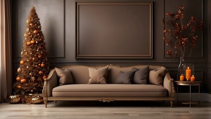 Modern minimalist brown wall art mockup of luxury living room with sofa for Halloween, blank frame for wall art mockup of living room, Halloween and Christmas spooky scary vibes of the room interior