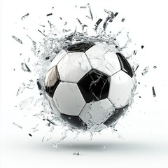 Classic soccer ball smashing through glass. Isolated on white background.