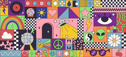 Tiled minimalistic background, retro pattern with abstract geometric shapes, 90s elements, trippy, background of squares, tiles in outline, flat style. Retro minimal backdrop, Collage vector graphic
