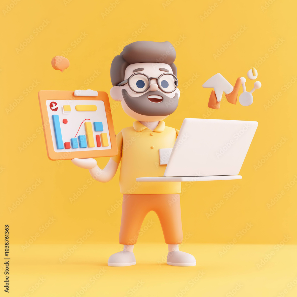 Poster cheerful 3d character holding laptop and chart, showcasing data analysis and marketing concepts. bri